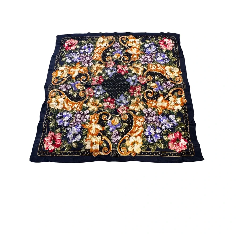Navy Blue Floral Scarf Metallic Gold Shimmer Square‎ Neck Wrap 34x34 Wildrag